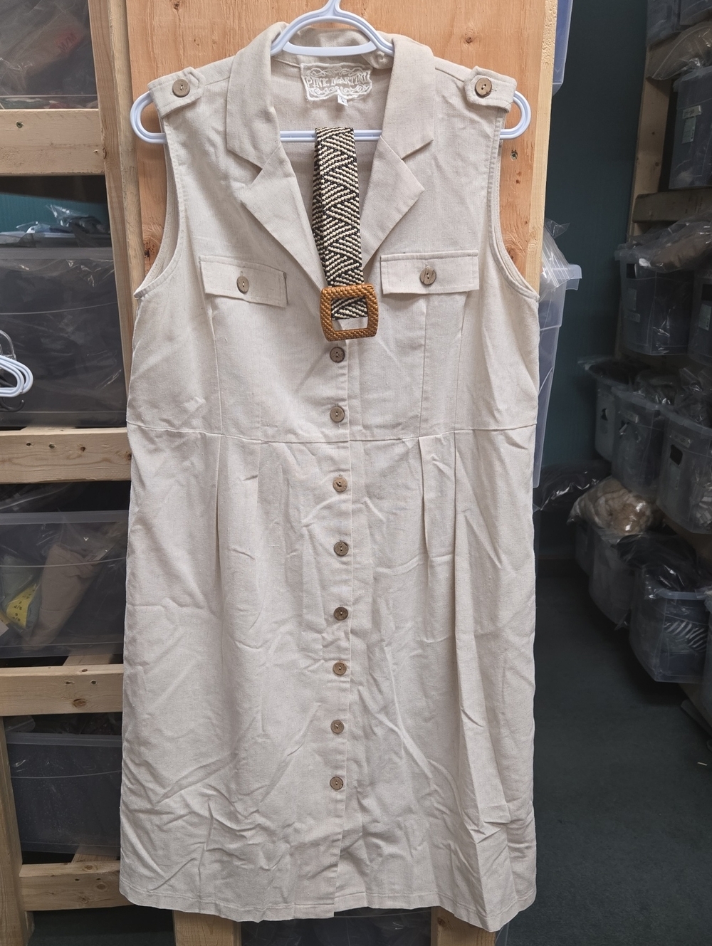 Pink Martini Size L Beige Button Down Midi Sleeveless Dress